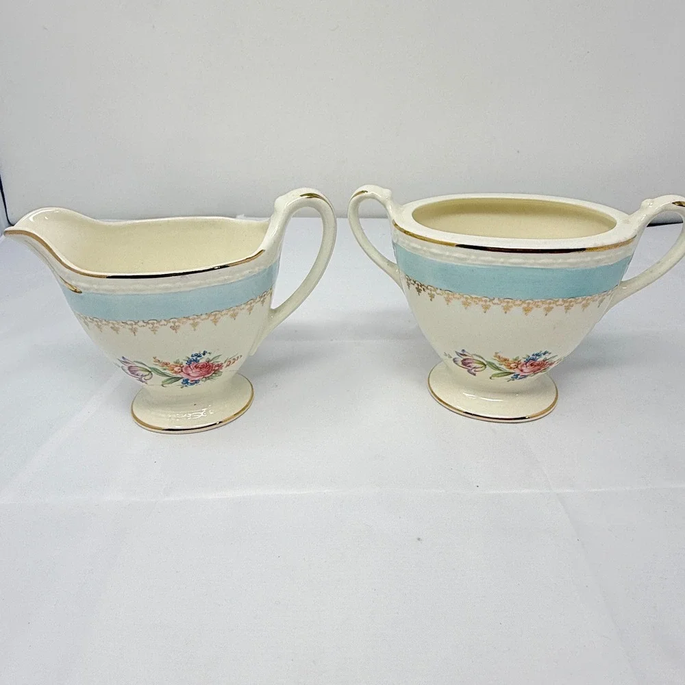 Homer Laughlin Eggshell Georgian Cream and Sugar Set Blue Gold Floral *no lid*
